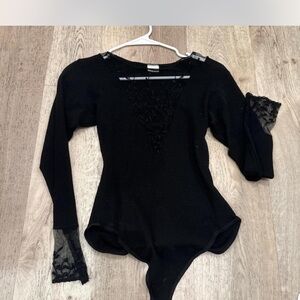 Vintage Black Long Sleeve Bodysuit with Lace Details